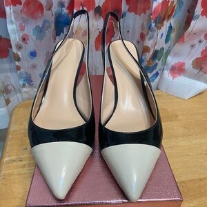 Black beige tip, patent leather kitten heels
